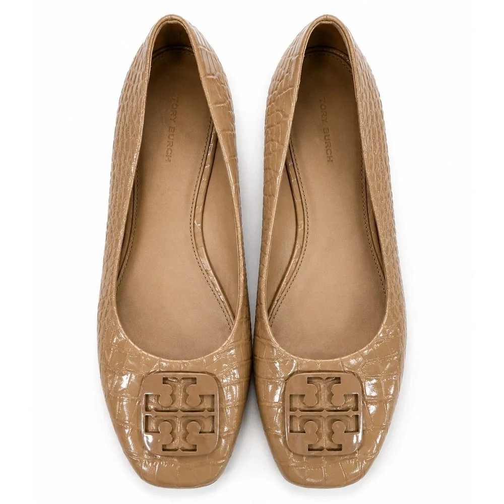 Tory Burch Ballet Flats Women 9M Tan Good Croc Embossed Logo Square Toe